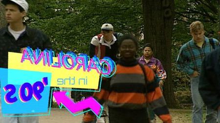 Archival image from the 1990s of students walking around the campus of UNC-Chapel Hill. Neon-color graphic text reads 